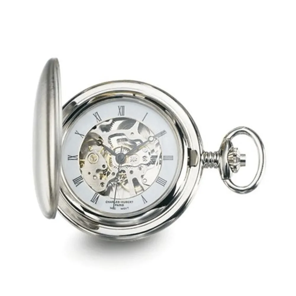 New Charles Hubert Chrome-finish White Skeleton Dial Pocket Watch